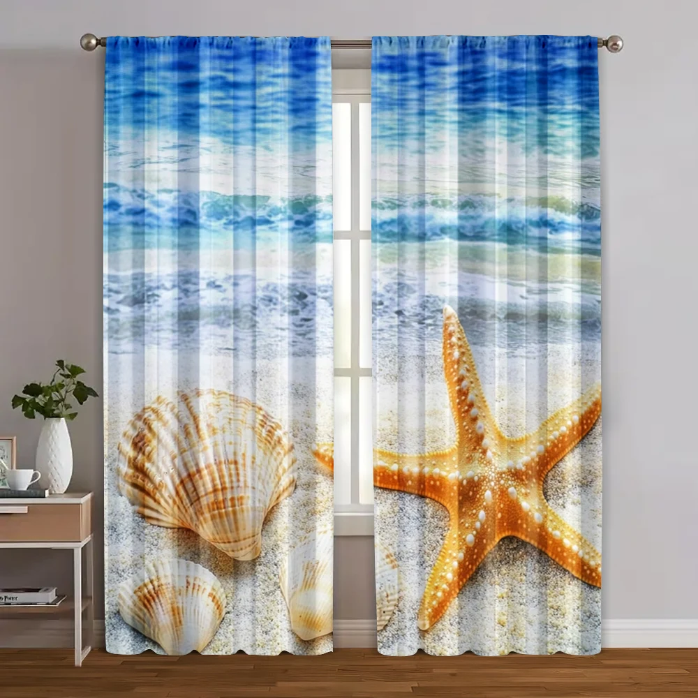 2pcs, Popular Curtains Sea stars and shells on the beach Versatile 100% Polyester (without rod) Decorations Clearance for