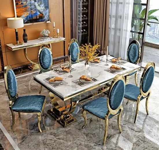 

Light Luxury Marble Dining Table and Chairs Set - Simple Modern Rectangular Stainless Steel Kitchen Table for Small Apartments