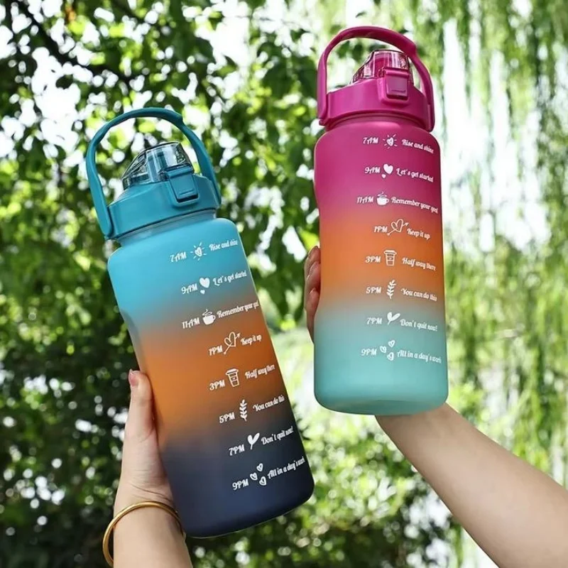 2L Outdoor Large Capacity Water Bottle Plastic Cup Bounce Cover Portable Leakproof Straw Cup Time Marker Gradient Gym Bottles