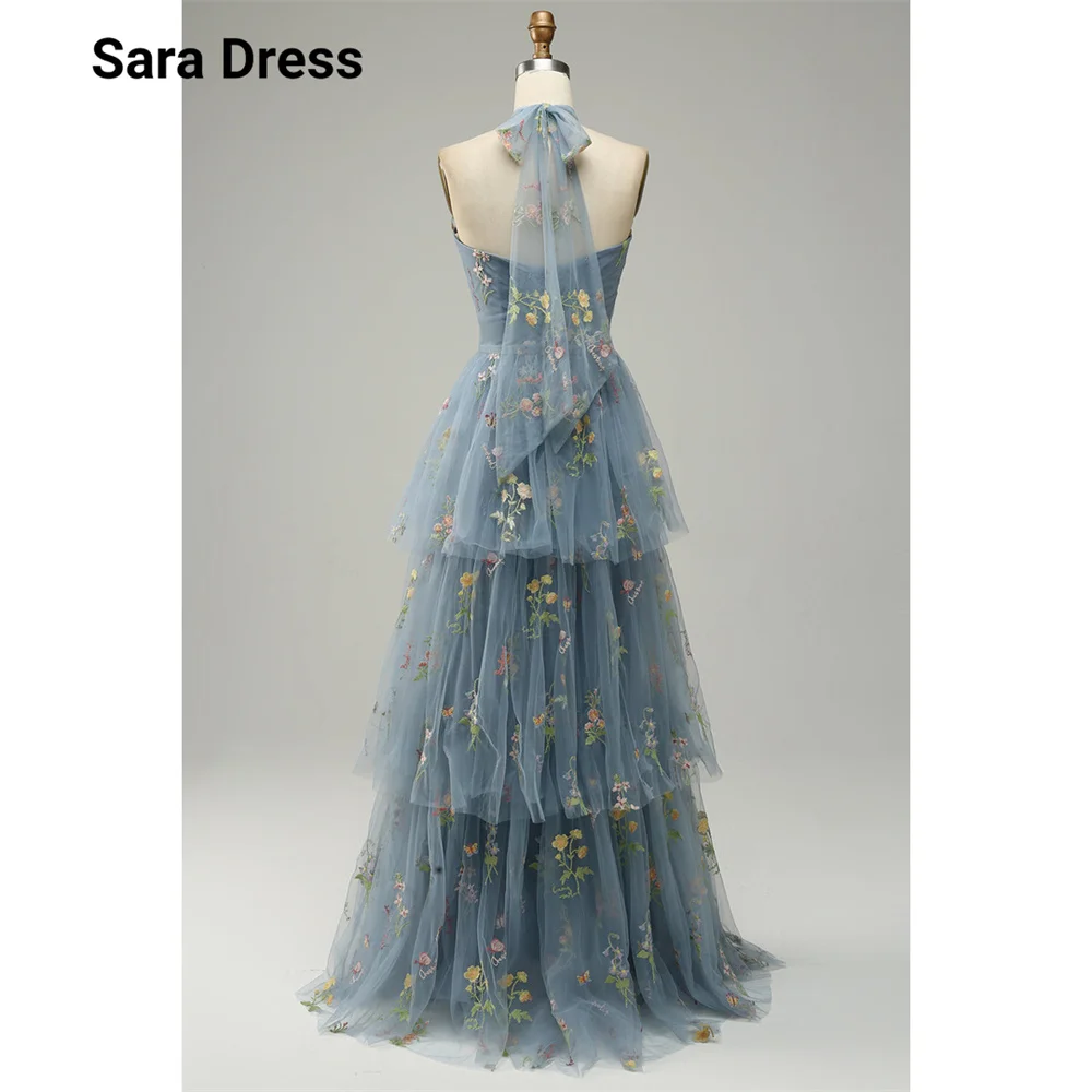 Sara Custom Blue Floral Lace Multi-layered Sleeveless Women's Prom Dress 2026 Luxury Elegant Party Dresses for Wedding Woman