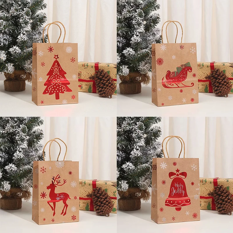 1Pcs Christmas Tote Kraft Paper Bag Reusable Grocery Shopping Totes Holiday Party Favor Bag Gilded Design Durable Storage Bag