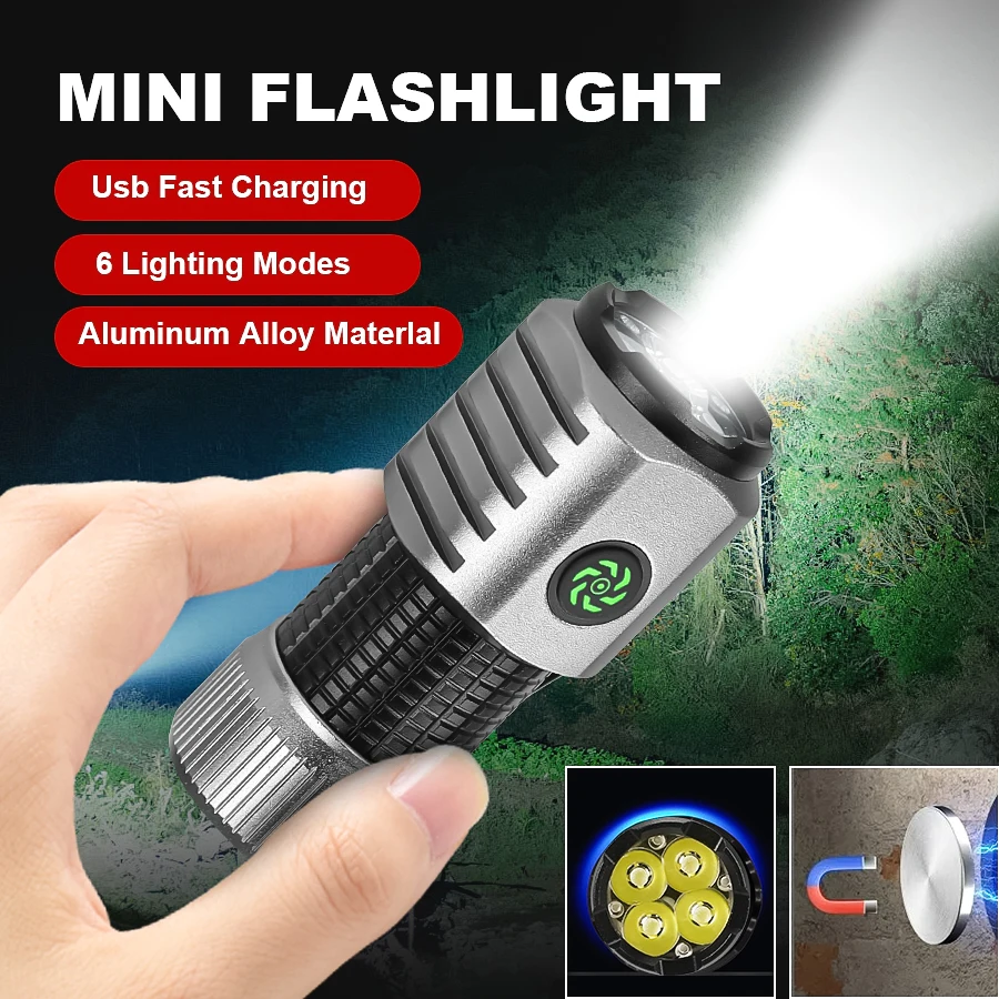 

Mini LED Flashlight Super Bright 2000LM Portable USB Rechargeable Torch Outdoor Emergency Spotlight with Pen Clip Tail Magnet