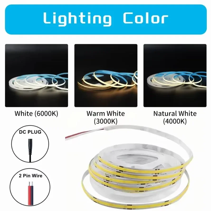 12V 24V DC Plug 5m High Density with Adhesive Backing 5MM Dimmable COB Light Strip Flexible Light Bar TV Staircase Decoration