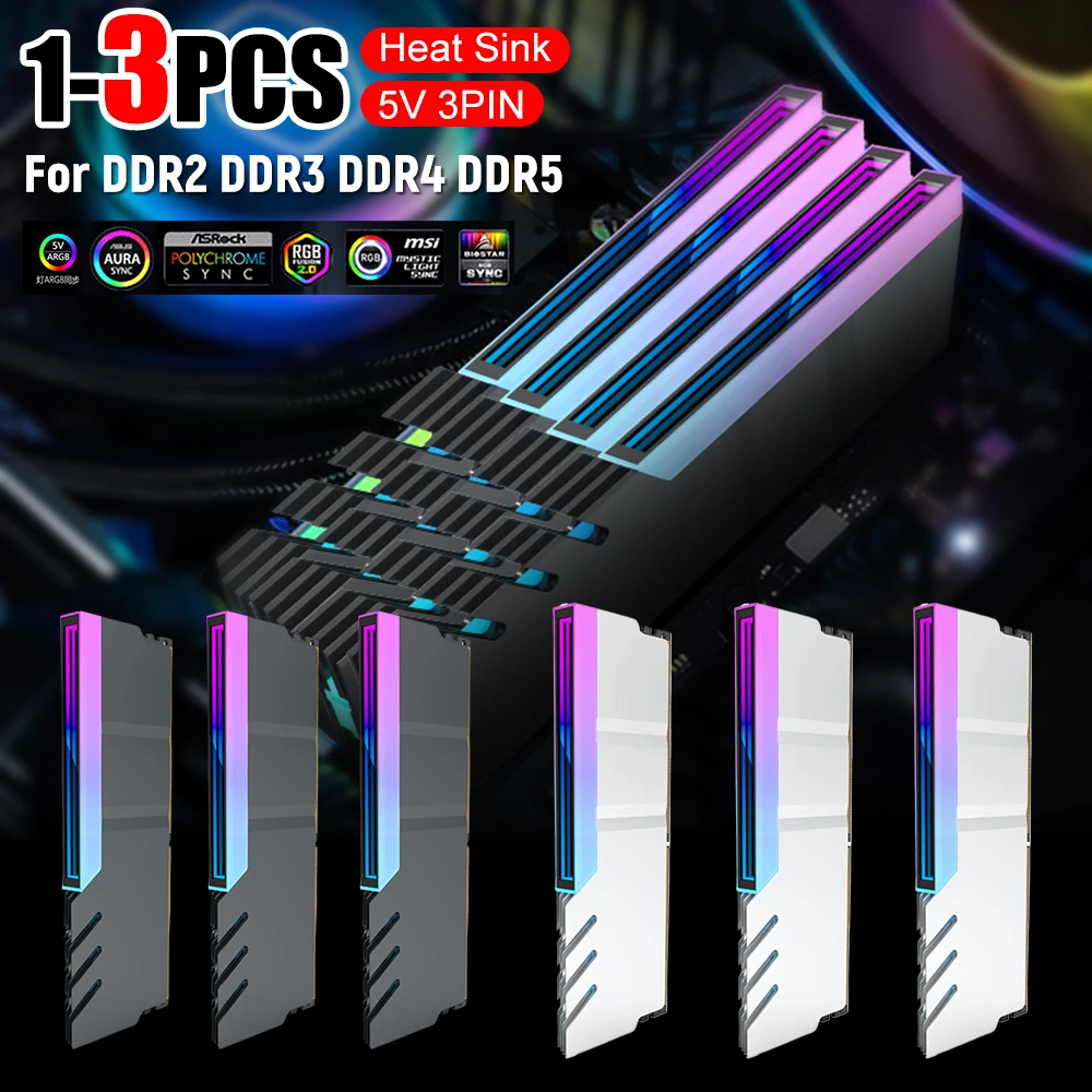 

1/2/3PCS RAM Heatsink Radiator DDR4 DDR5 Memory Module Cooler 5V 3PIN ARGB AURA Sync PC Memory Cooling Vest Heat Sink Cooler