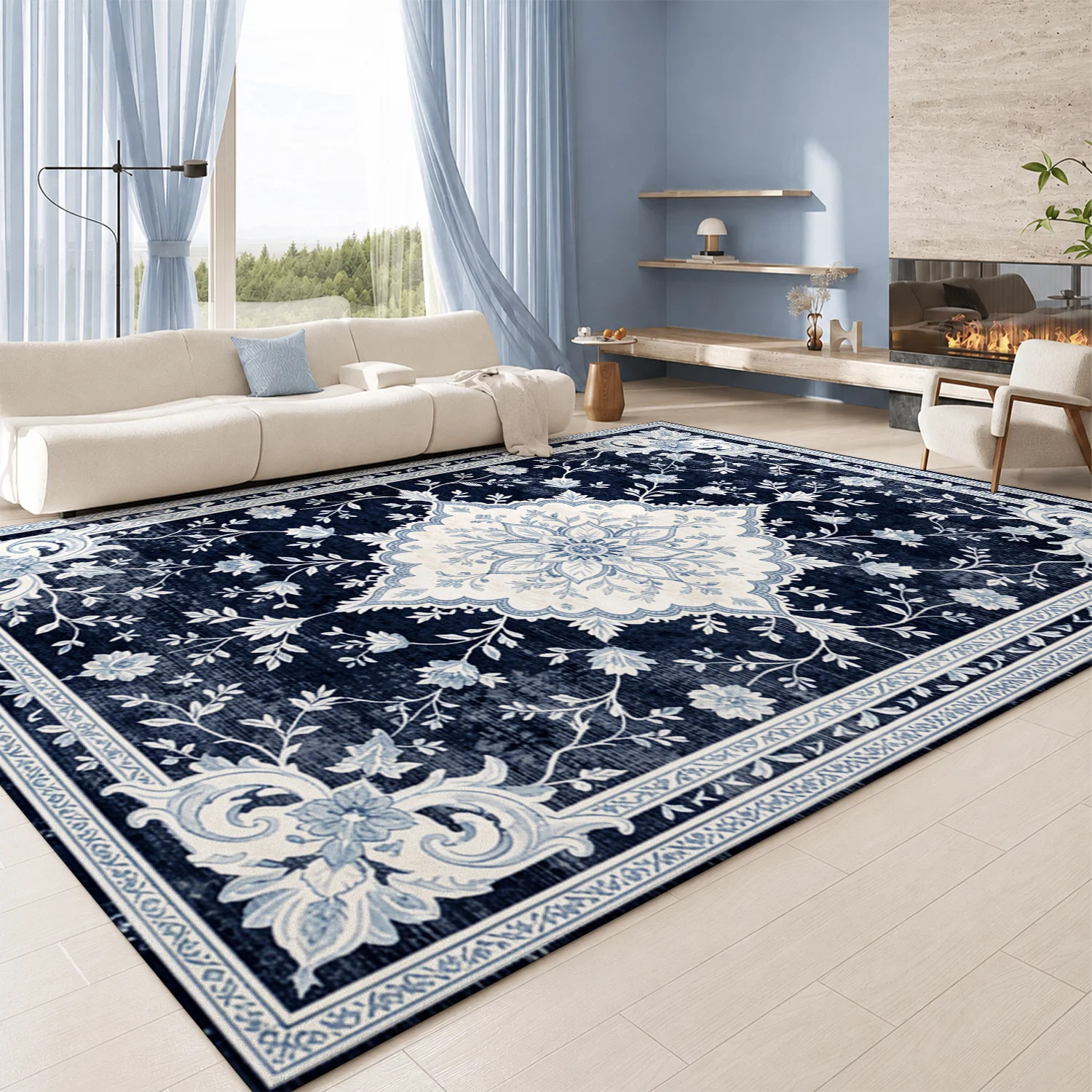 Vintage Blue White Floral Medallion Area Rug Velvet Machine Washable for Living Room Bedroom Dining Room Entryway Perfect for Halloween Thanksgiving Christmas New Year Black Friday Cyber Monday Home Decor