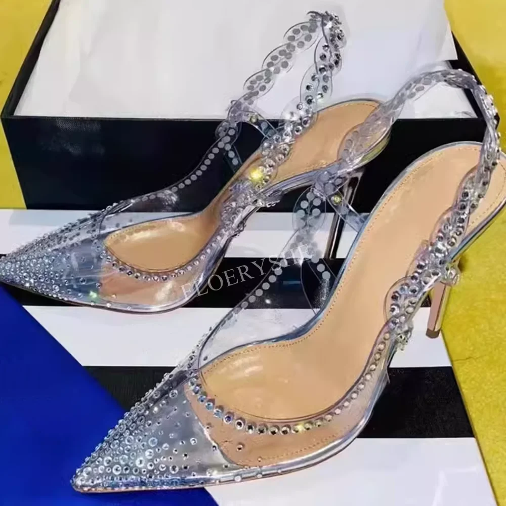 Zapatos de tacón de aguja con diamantes de imitación transparentes para mujer, punta estrecha, tacón alto fino, fiesta, moda, verano, recién llegado