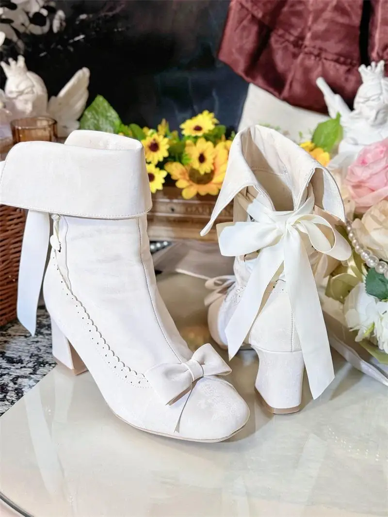 Japanese Original Retro Medium Heel Short Boots Fleece Boots Daily Elegance Cla Series Lolita Bow High Heels women Boots Winter