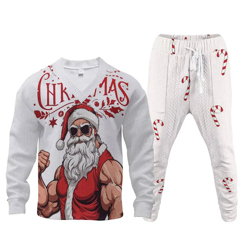 Autumn/Winter New Men\'s Suit Christmas Fun Personality Santa Claus Reindeer 3D Digital Printed Long Sleeve T-shirt And Pants Set