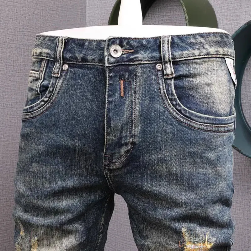 Newly Fashion Designer Men Jeans Retro Blue Elastic Stretch Slim Fit Printed Ripped Jeans Men Vintage Casual Denim Pants Hombre