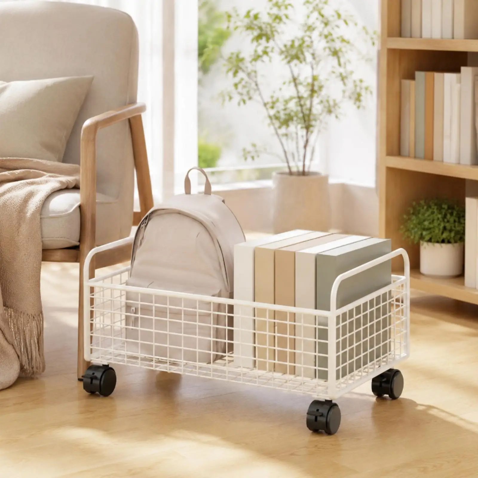 Compact Rolling Storage Cart Single Layer Wire Basket on Wheels for Living Room Study Room Book Organizer