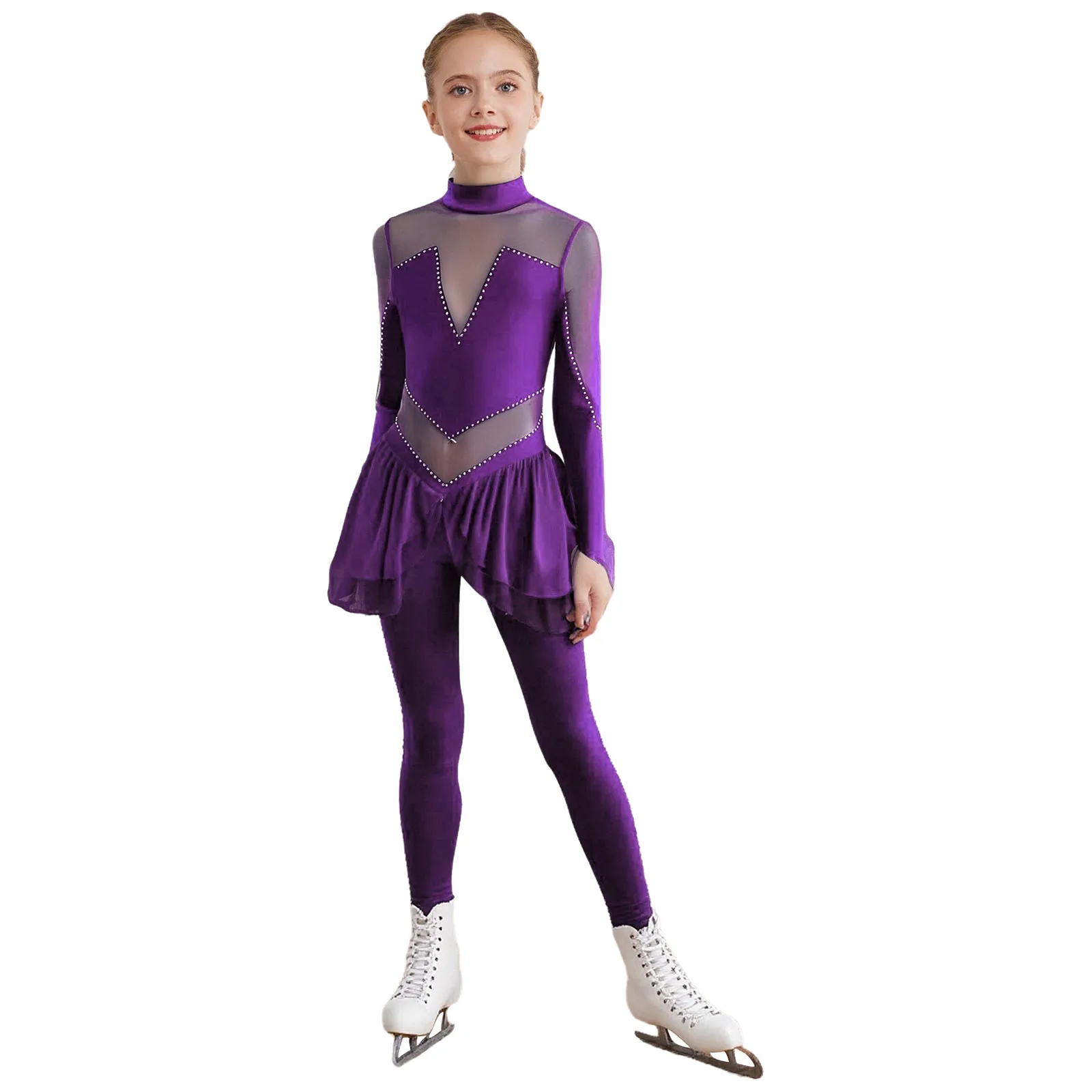 Kids Girls Rhythm Gymnastics Figure Skating Ballet Leotards Performance Unitards Jumpsuit Sheer Mesh Shiny Rhinestones Bodysuit