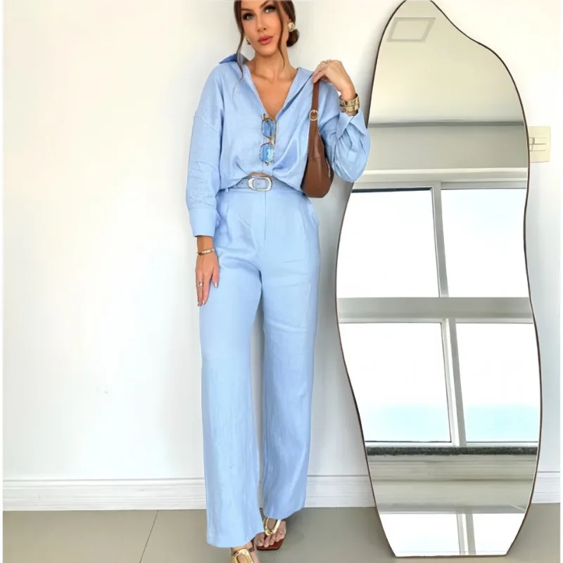 

2025 Fashion Women's Shirt Trousers Suit Summer Solid Long Sleeve Lapel Button Casual Lady Blue Shirt Pant 2 Pieces Set Autumn