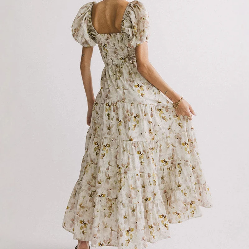 Mulheres verão gola quadrada vestido de férias 2025 chique floral impressão feminino vestido longo francês elegante puff manga balanço a linha vestido