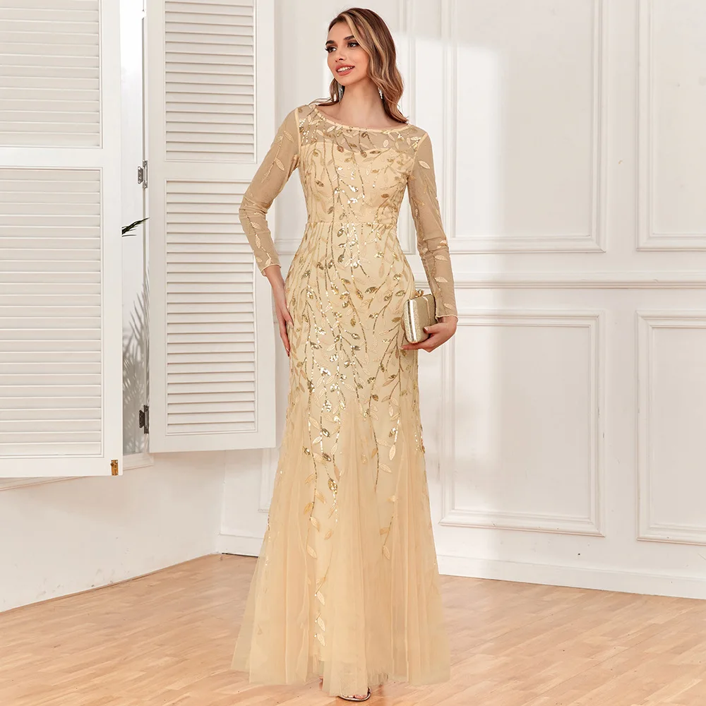Langes Kleid für Damen, Party-Meerjungfrauenkleid mit Netzstoff und Pailletten, Vestidos mit Langen Ärmeln, A-Linie, Rundhalsausschnitt, Bankett-Maxikleid, Frühling 2026