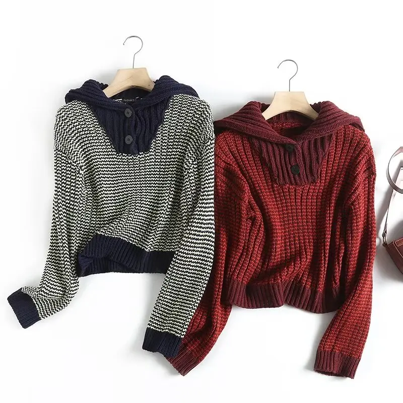 

Women 2023 New Fashion Summer Casual Short Knitwear Retro V-Neck Button Long Sleeve All-Match Casual Chic Female Pullovers Tops