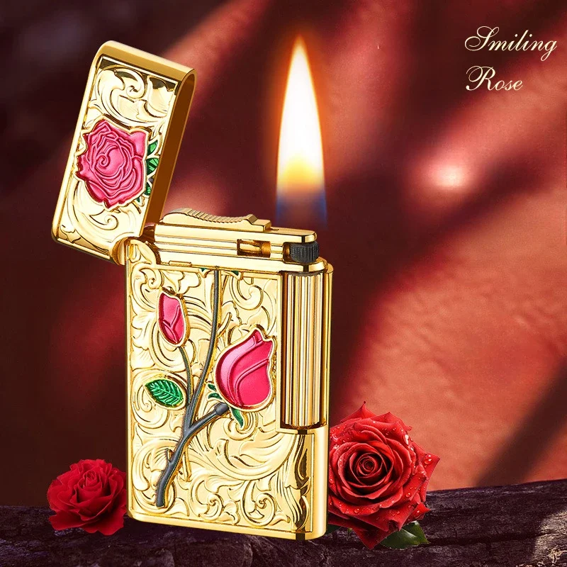 

New Embossed Rose Side Sliding Grinding Wheel Kerosene Lighter Open Flame Metal Smoking Lighter Fashion Exquisite Gift for Women