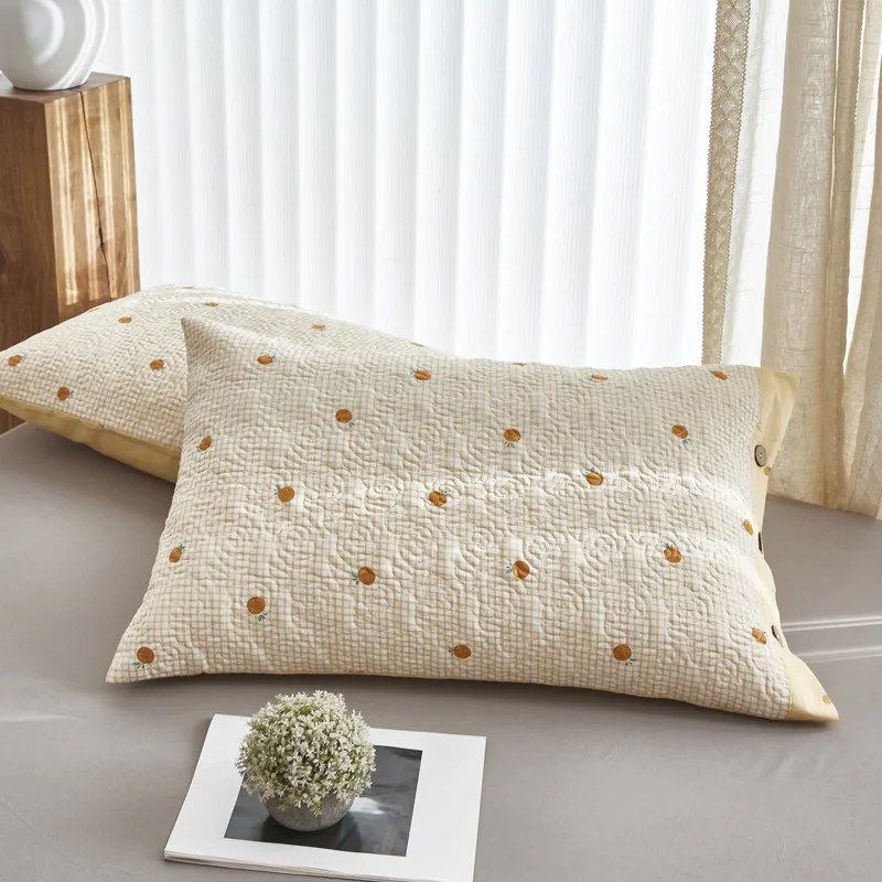 Pure Cotton Pillowcase with Button 48x74cm Single Size Quilted Student Pillow Liner for Head Oil Protection Cartoon Flower Print