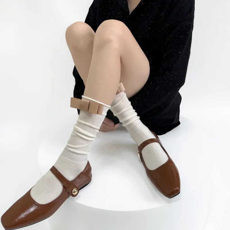 

Autumn Rolled Edge Slouchy Calf Socks for Women Sweet One-Word Knot Mid-Calf Socks Soft Girl Socks Simple Versatile Spring and A
