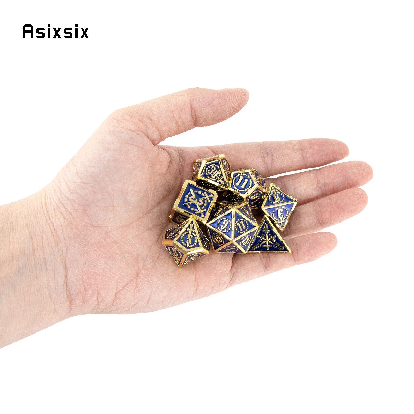 7 Pcs Golden Blue Double Swords Metal Dice Solid Polyhedral Dice Set Suitable for Role-Playing RPG  Board Game