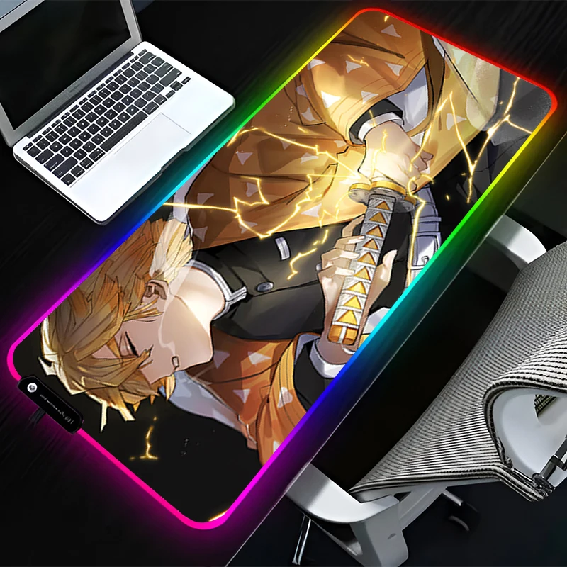 RGB LED Mouse Pad Rubber Mousepad Laptop Gaming Mats PC Accessories Extended Pad Office Non Slip D-demon Slayer Zenitsu Desk Mat