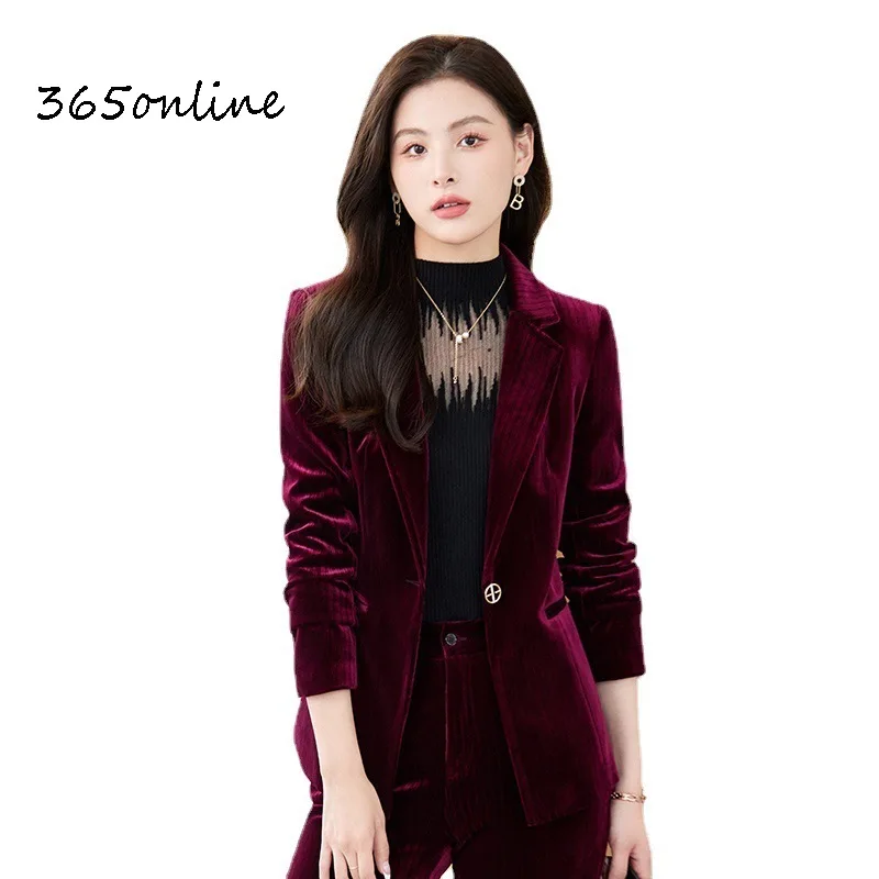 

High Quality Fabric Velvet Women Business Suits with Pants and Jackets Coat Blazers Set Professional Office Work Wear Pantsuits