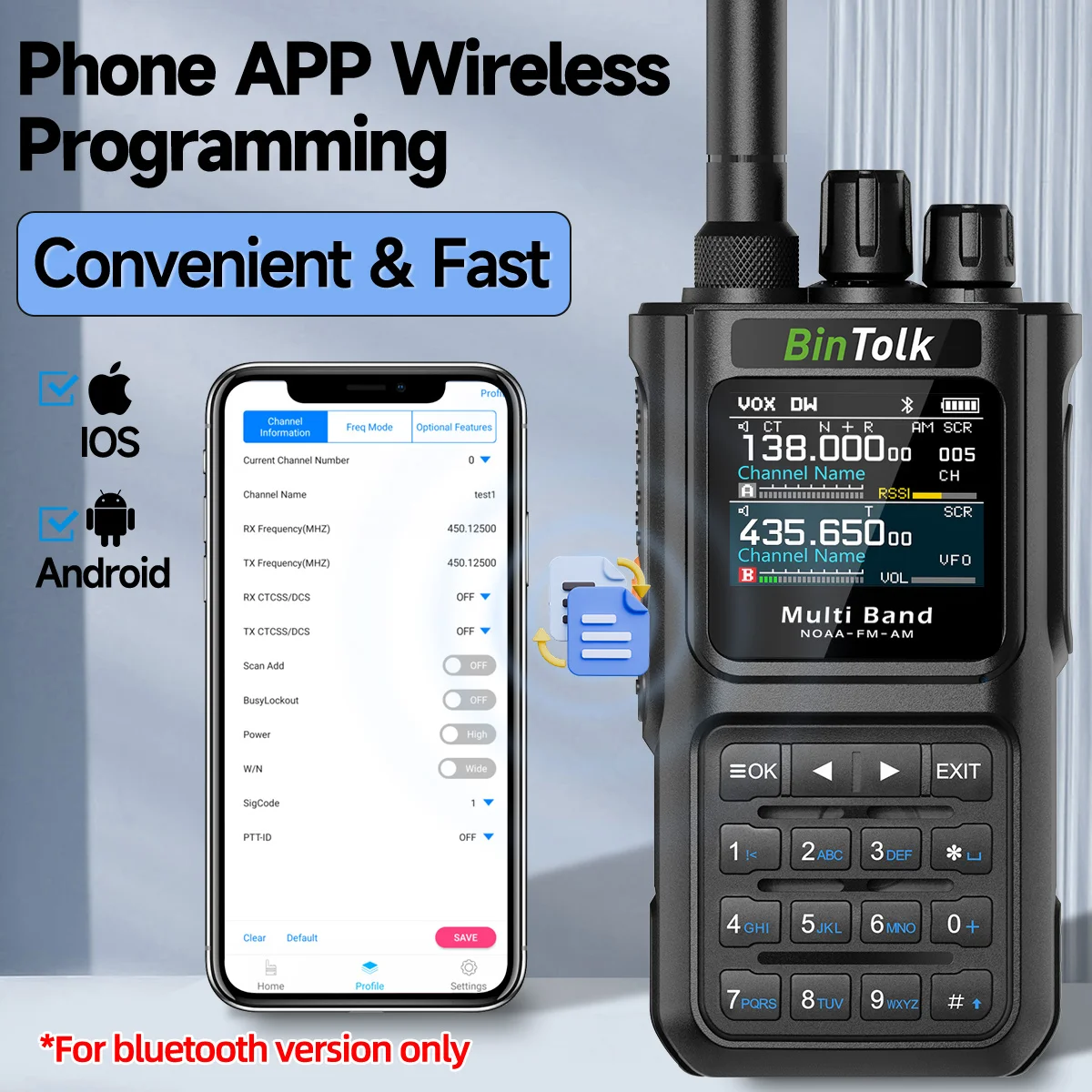 BinTolk BT8000 جهاز اتصال لاسلكي كامل النطاق للحد من الضوضاء CB SW سماعة لاسلكية تعمل بالبلوتوث برنامج Type-c شاحن محمول اتجاهين راديو