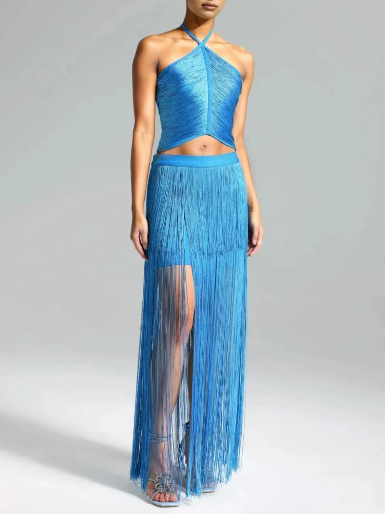 Sexy Tassel Design Two-Piece Set Women Blue Halter Backless Crop Top + Fringe Bandage Skirt Evening Party Club Suits