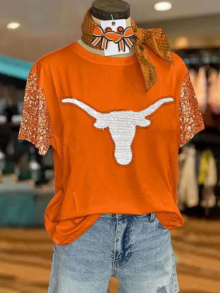 Casual Gameday Longhorn Sequin Top Woman T-Shirts