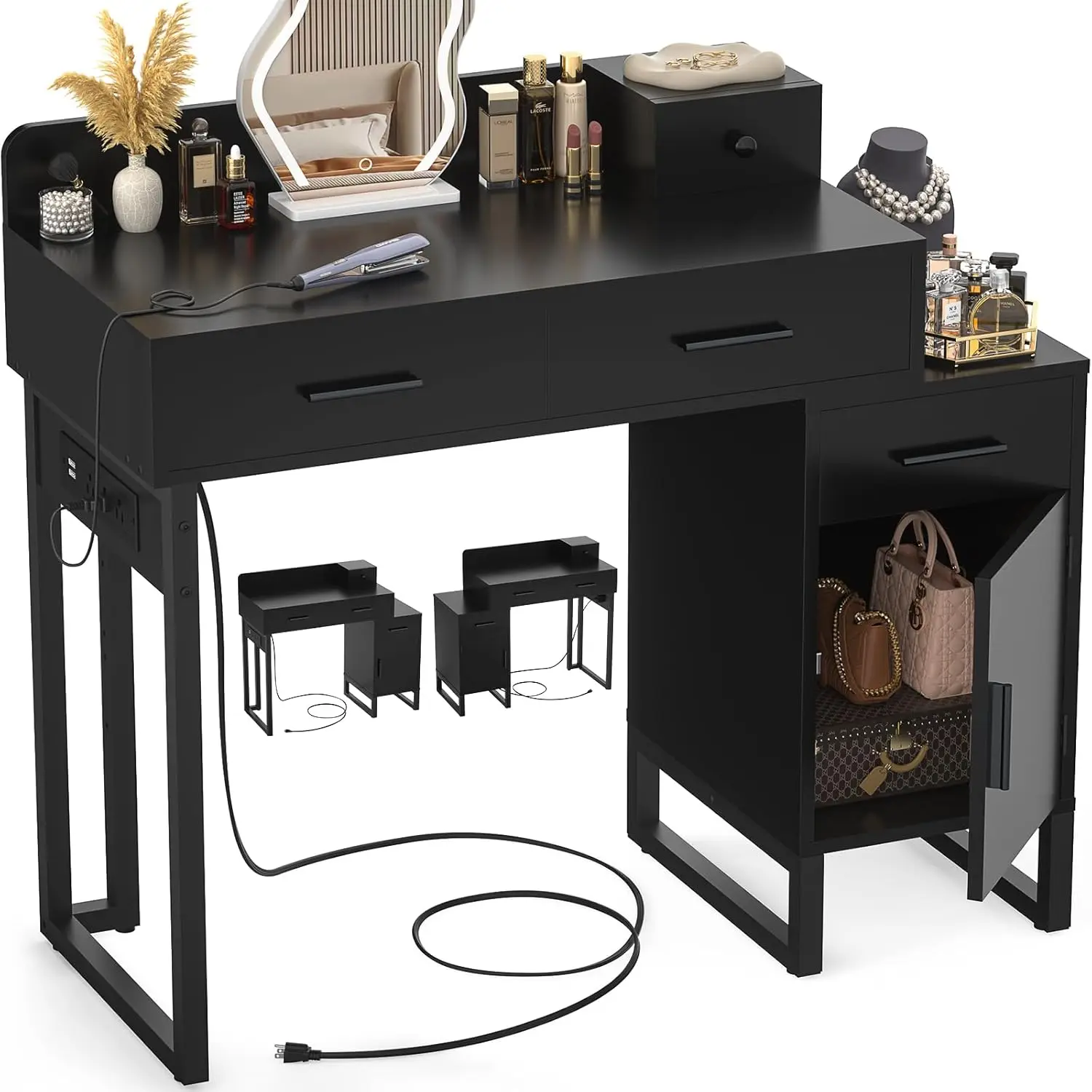 Bedroom Black Vanity Desk with 4 Drawers, Charging Station and Reversible Cabinet
