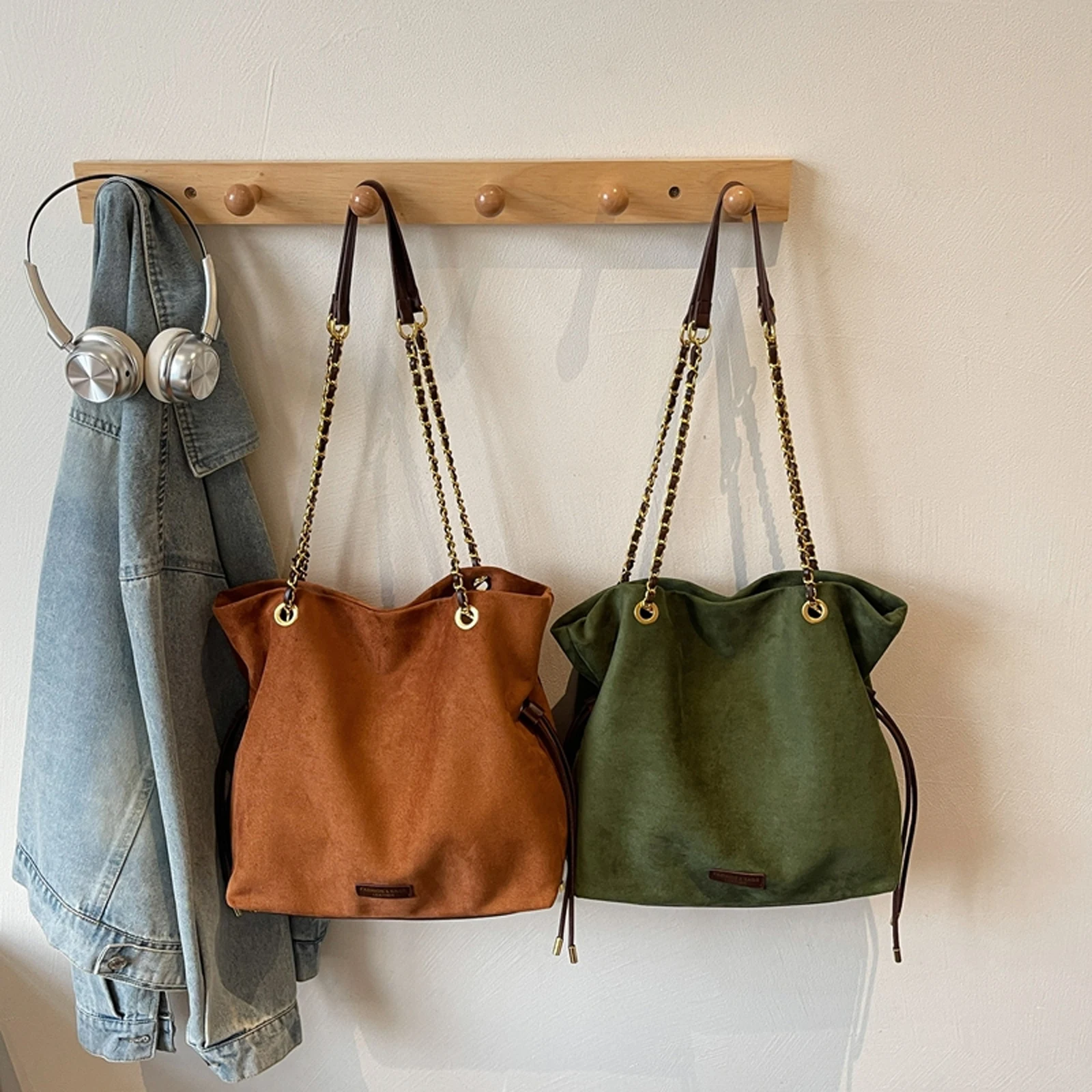 

Сумка-ведро из искусственной замши с застежкой-хасп, ретро-стиль, с цепочкой, маленькая сумка-тоут на шнурке для женщин, для путешествий и шопинга