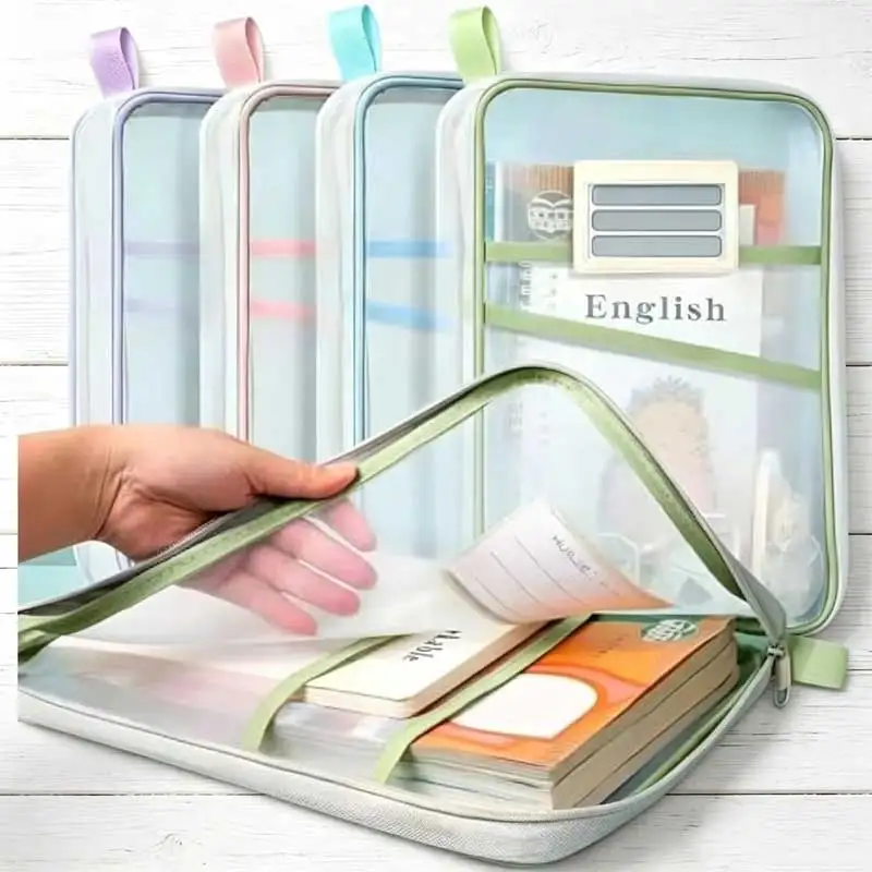 1Piece Transparent Zippered Mesh File Organizer Ergonomic Design for School Office Home Desk Storage