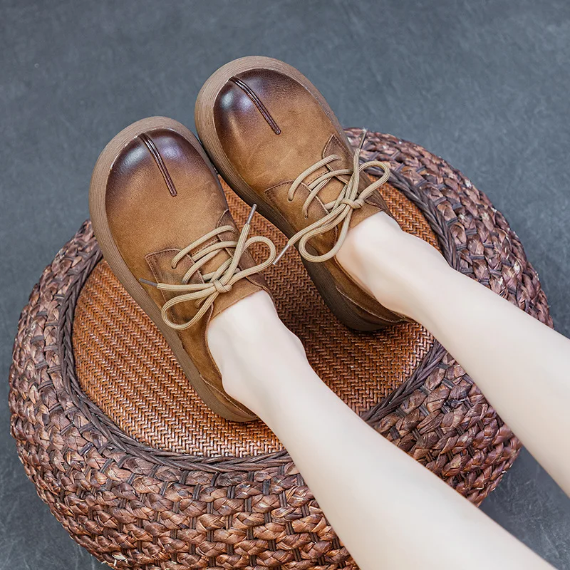 Sepatu kulit asli wanita, Kasut tunggal kulit sapi Retro sol tebal bertali