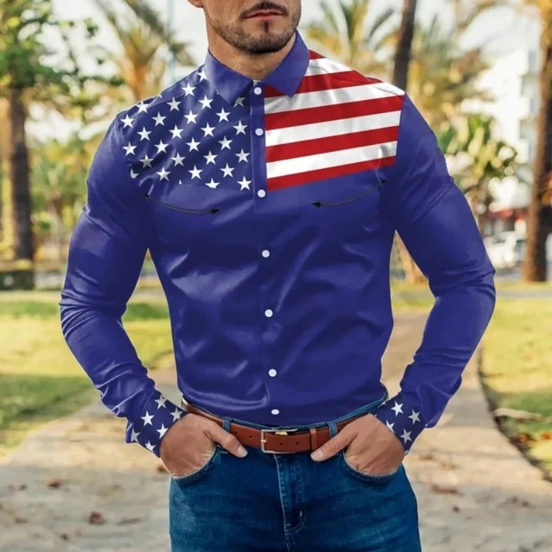 Long Mens Fashion Striped Shirts Man Vintage American Flag 3D Print Casual Color Social Y2k Dress Streetwear Floral Slim Camisa