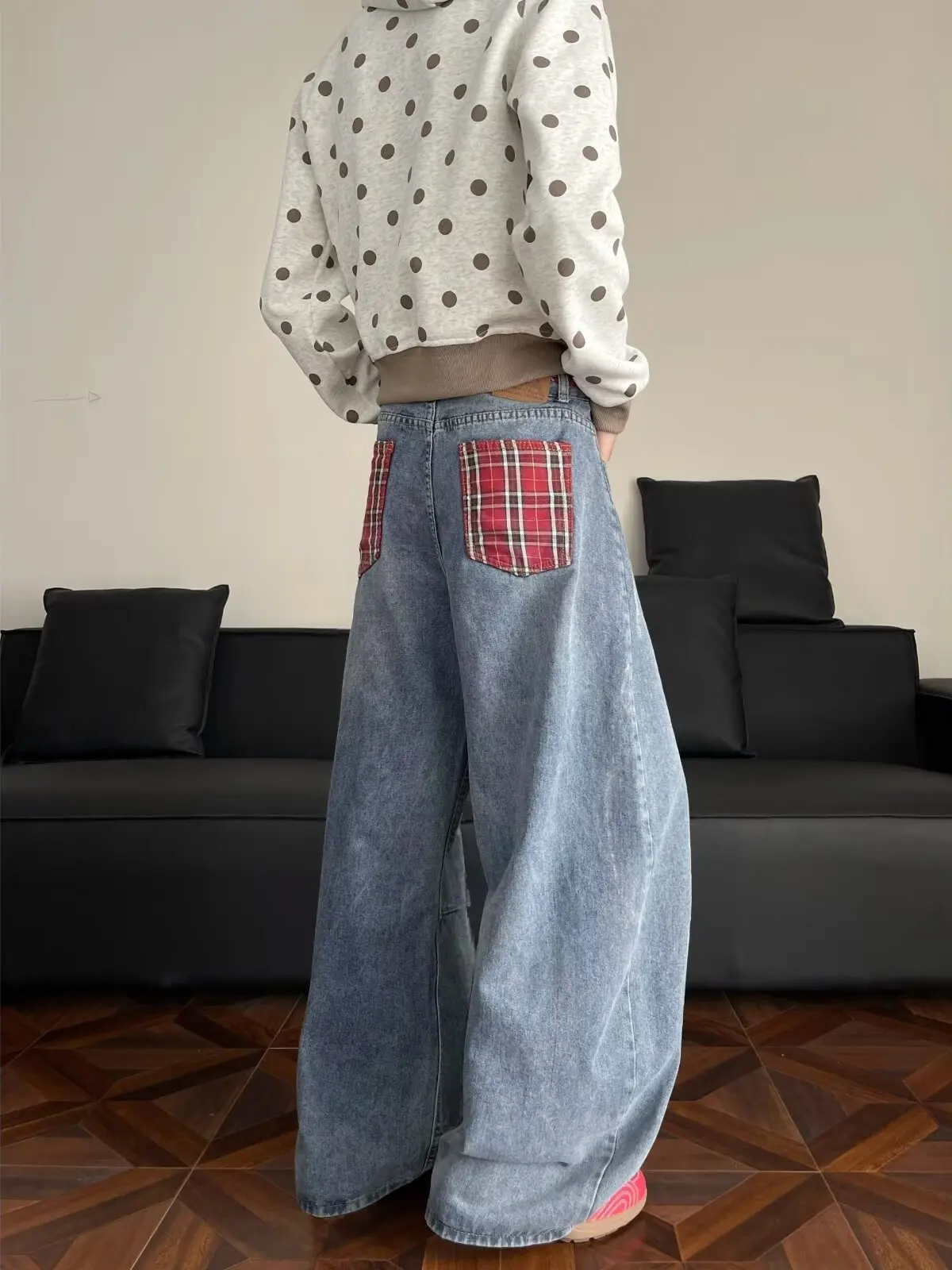 

American Plaid Splicing Wide Leg Jeans Men's Vintage Loose Fit Workwear Dragging Pants Casual Straight Tube Trousers