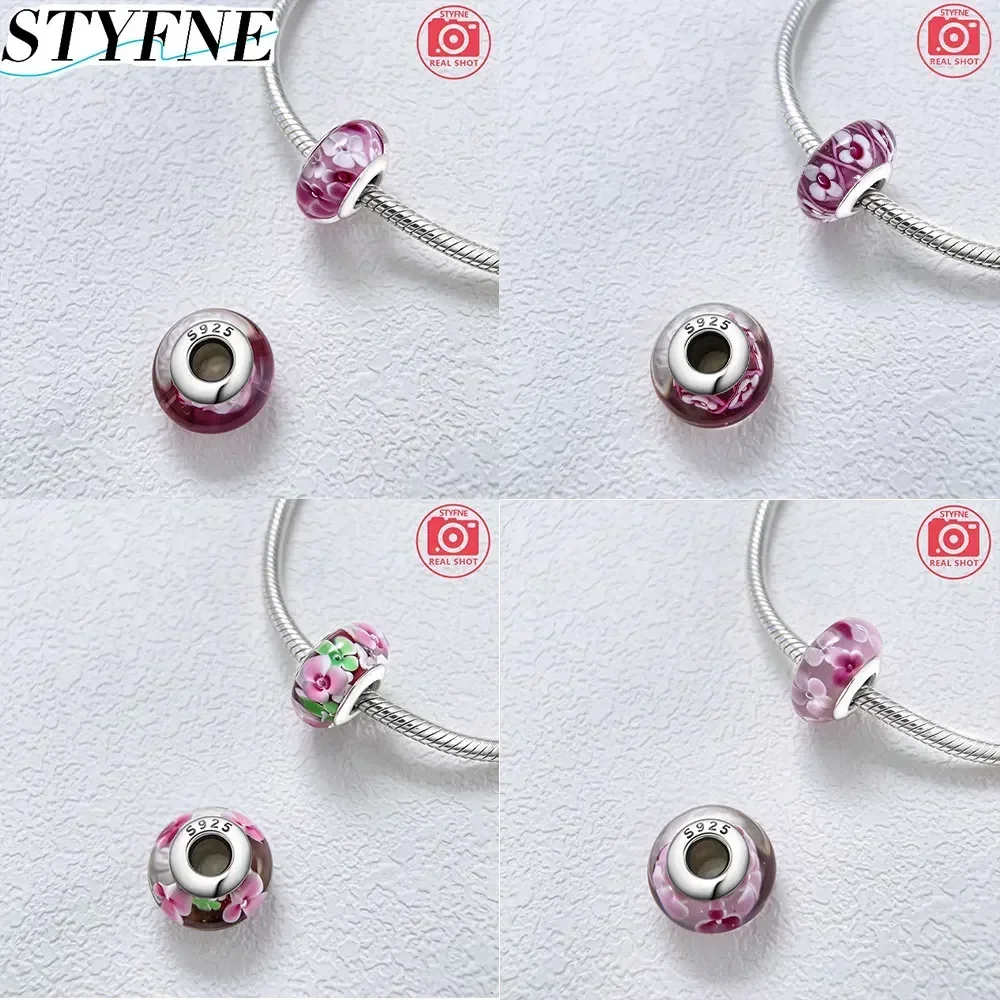 New Sterling Silver 925 Shiny Glowing Cute Pink Flowers Murano Original Glass Bead Original Bracelet DIY Fashion Women\'s Jewelry