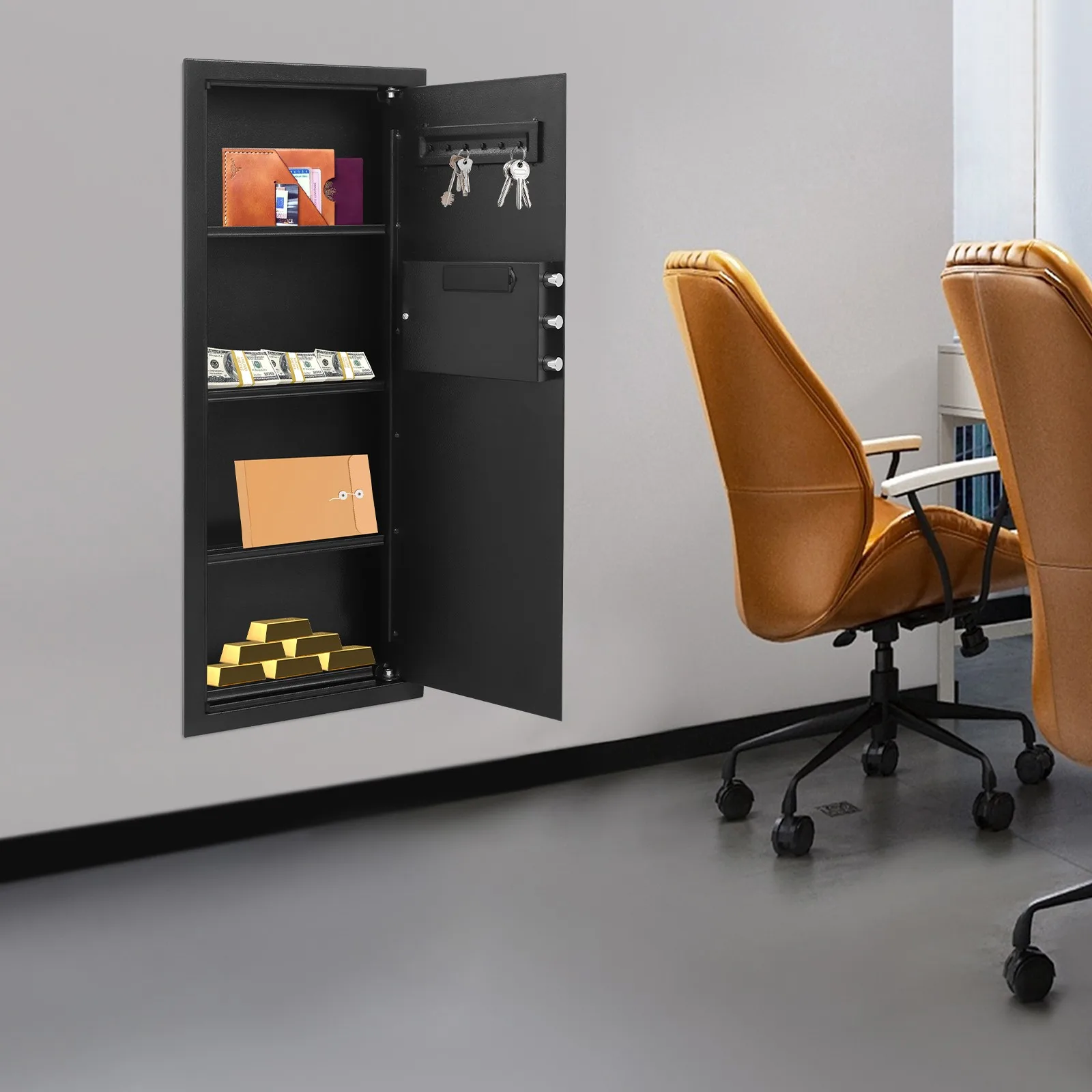 Armoire de sécurité moderne en acier renforcé, mur caché, 14,57 x 3,94 x 39,37 pouces, avec 2 clés
