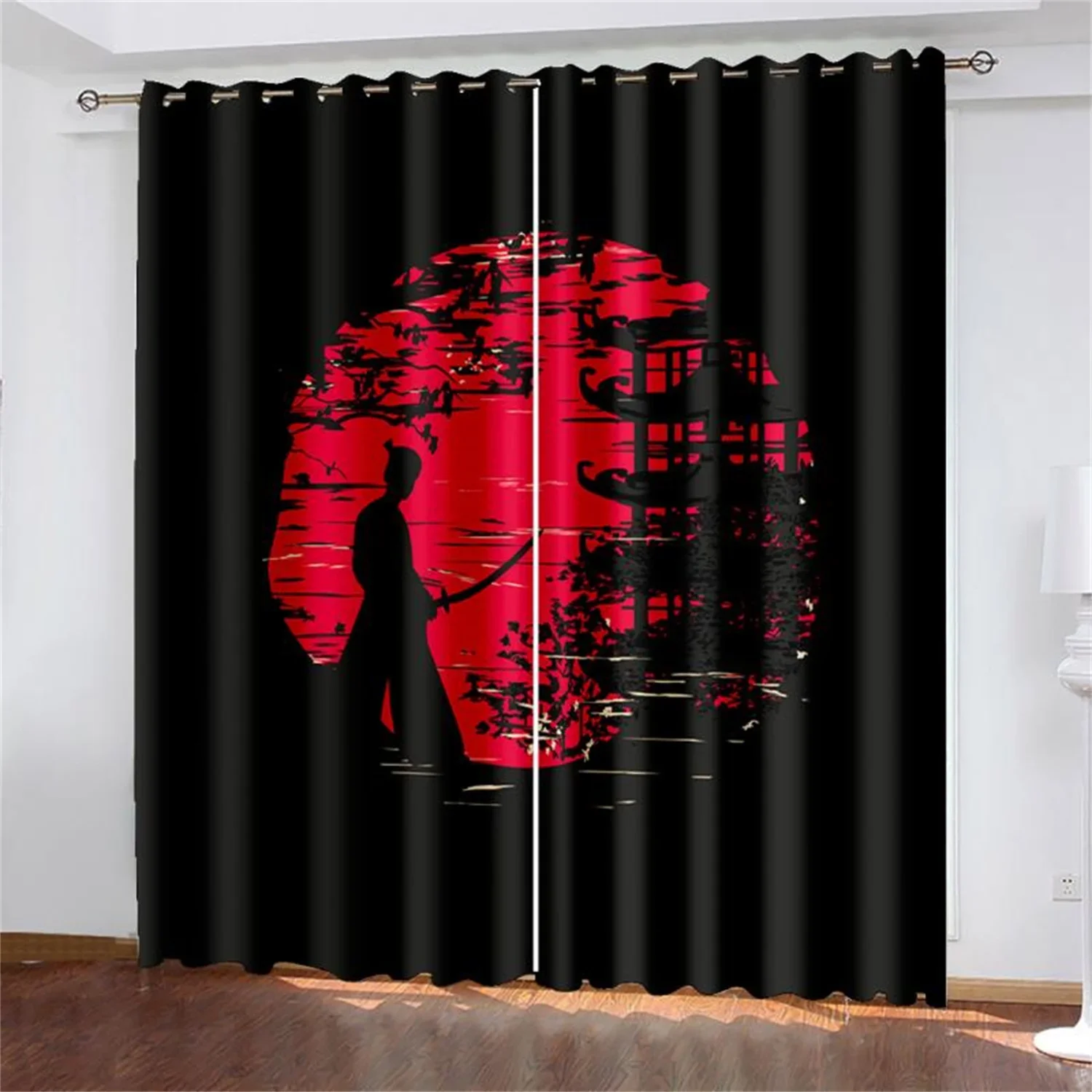 Japanese style Wave Sun samurai manga caricature animation Light Filtering Drapes 2 Panels Thin Curtains For Bedroom Living Room