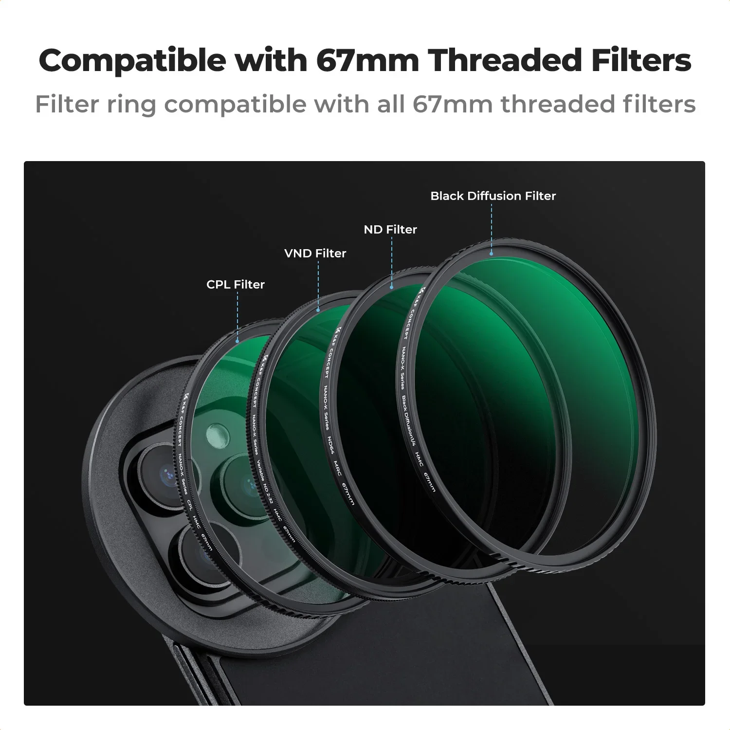 K&F CONCEPT 6.7" Magnetic Lens Filter Adapter 67mm CPL Polarizer Filter or Variable ND2-32 Filter for iPhone 16 15 Pro Max PLUS