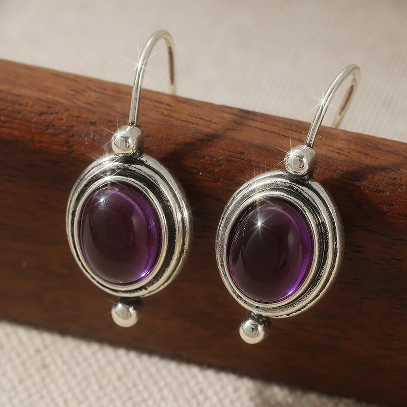 Vintage Silver Color Inlay Gemstone Pendant Earrings Woman Round Carving Daily Commute Casual Dangle Earrings Fashion Jewelry
