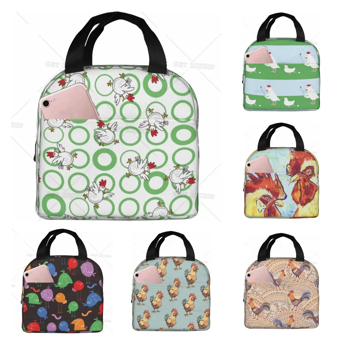 

Kawaii Cartoon Cock Lunch Bag Insulated Lunch Boxes Reusable Waterproof Bag with Front Pocket for School Office Picnic