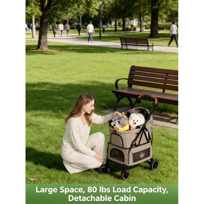 Breathable Large Space Pet Stroller One-Click Foldable Detachable Hand Cart For Dogs Cats Outdoor Travel