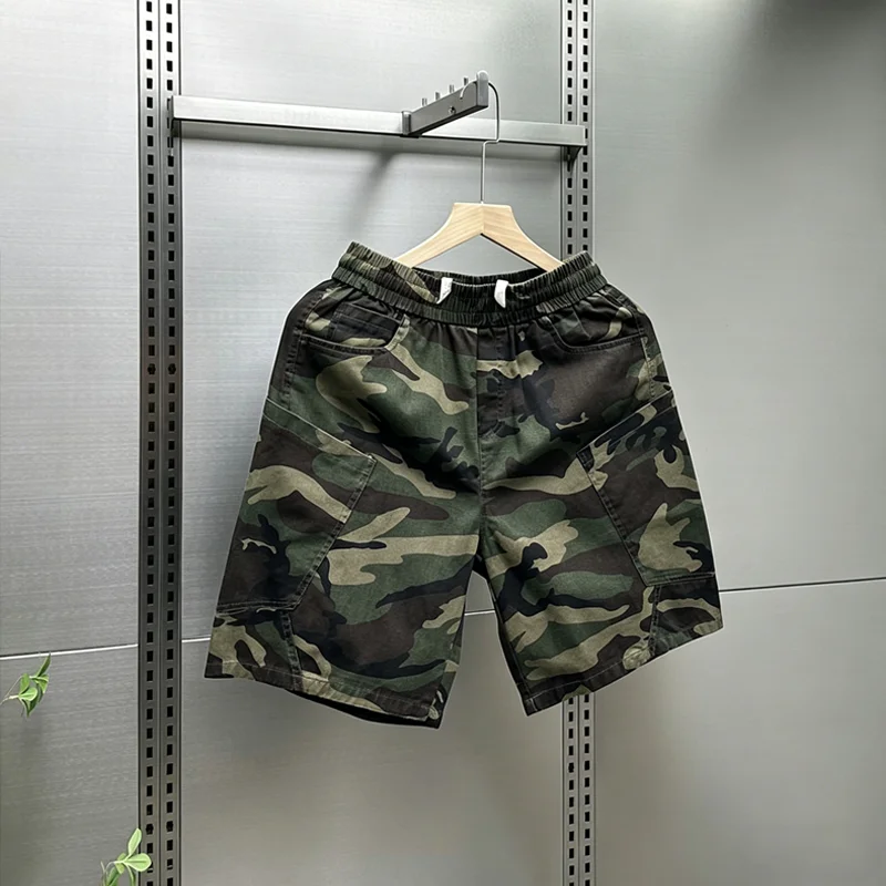 

Summer Workwear Style Camouflage Shorts American Fashion Streetwear Retro Loose Multi Pocket Elastic Waist Men's Casual Shorts