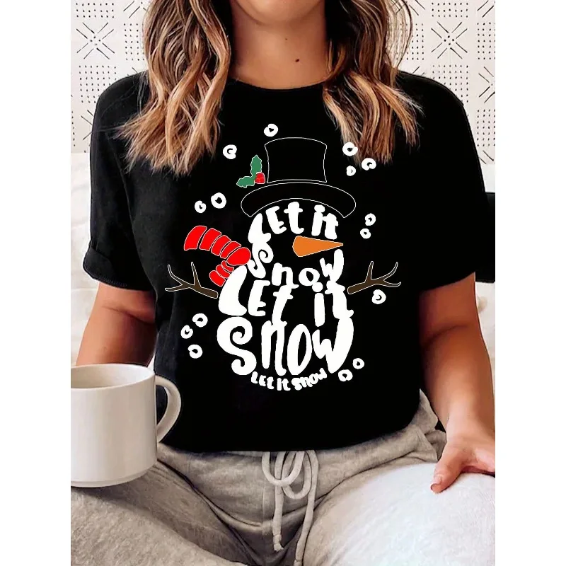 تي شيرت نسائي مطبوع عليه رجل الثلج - تصميم للعطلات "Let It Snow" مع تي شيرت ناعم قابل للتنفس برقبة دائرية لجميع المواسم
