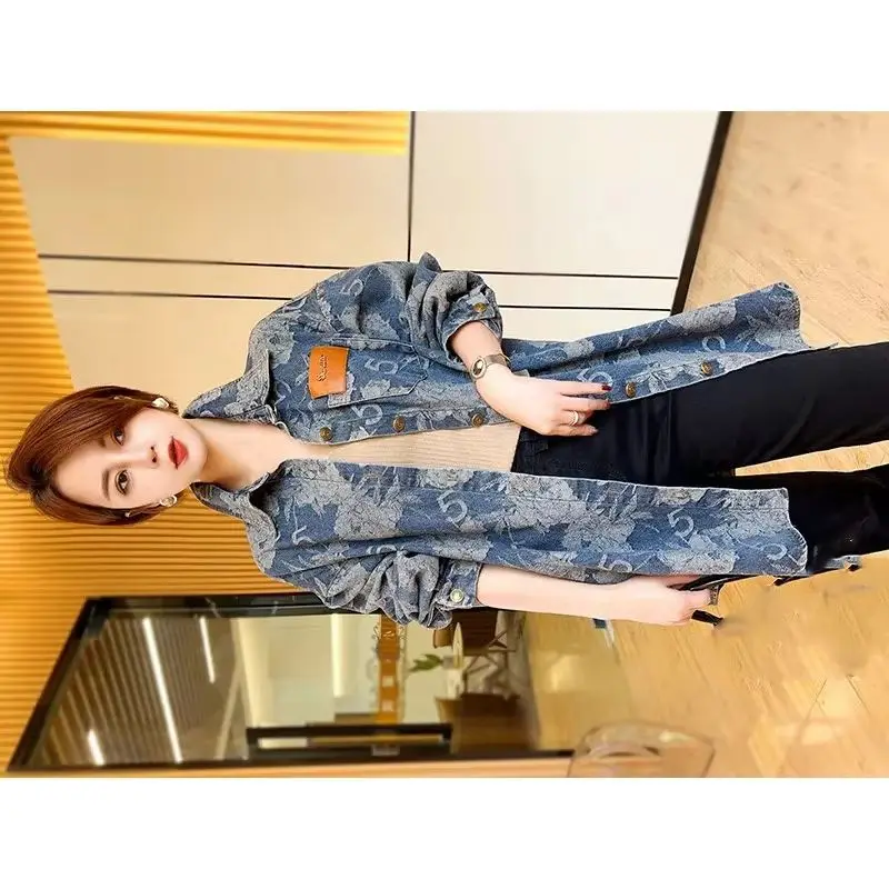 

Retro Style Ladies Printing Jeans Jacket Spring Autumn Female Loose Fit Cowboy Shirt Coat Women Long Sleeves Denim Jacket
