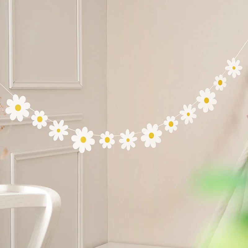 Daisy Flower Paper Banner Hat Cake Toppers Kids Girl Birthday Daisy Theme Party Decorations Hanging Bunting Garland Supplies