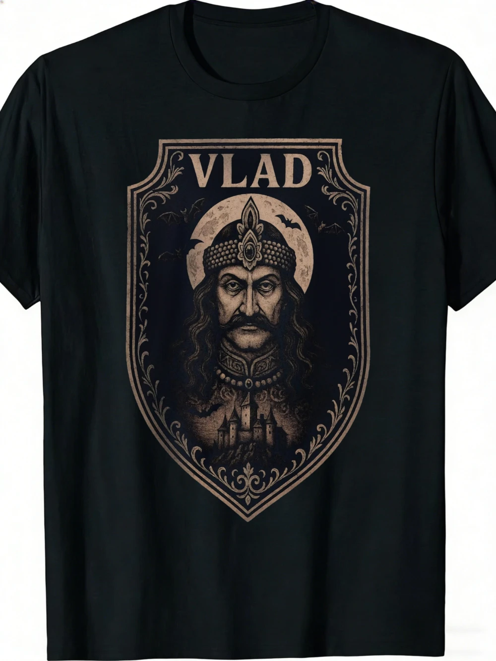 Vlad The Impaler Gothic King T-Shirt Black Vintage Castle and Bat Design for Halloween Costume Party Gift Cotton Fashionable