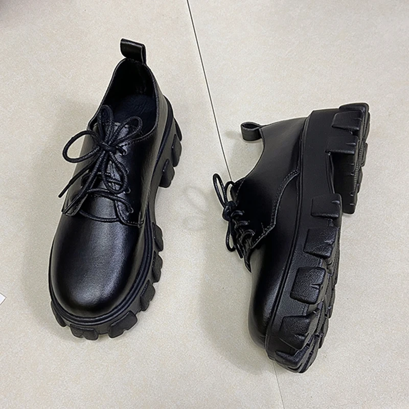 2021 spring Lace Up Chunky Oxfords Shoes Women Loafers Black PU Leather Platform Flats Women Casual Derby Shoes Plus Size 35-43