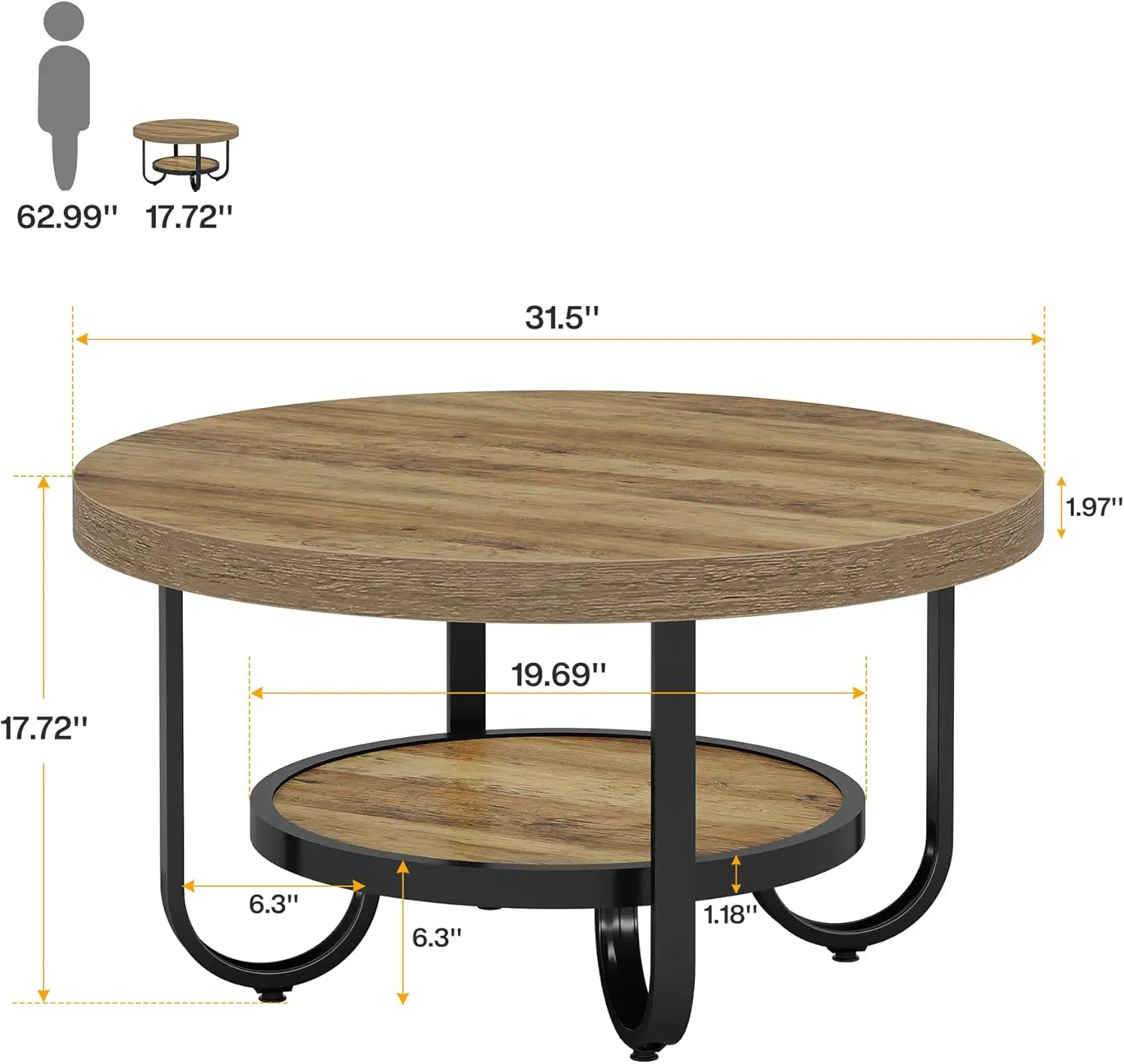 Round Coffee Table, 31.5 Modern Wood Circle Center Table with Storage Shelf and Metal Frame, 2-Tier Industrial Accent