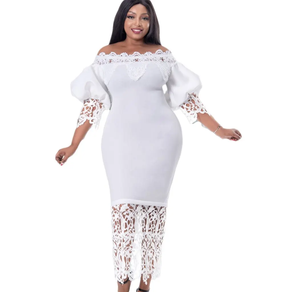 오프숄더 힙 레이스 스티칭 랜턴 슬리브 유럽 미국 스타일 드레스 신상 여성 패션 드레스