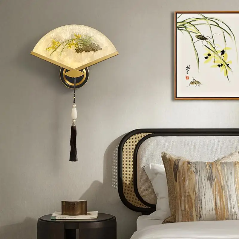 YEBMLP в китайском стиле, ручная роспись, эмаль, медь, настенный светильник, веерообразная форма, художественный бра, лампа для гостиной, прохода, лестницы, декор для спальни, настенный светильник